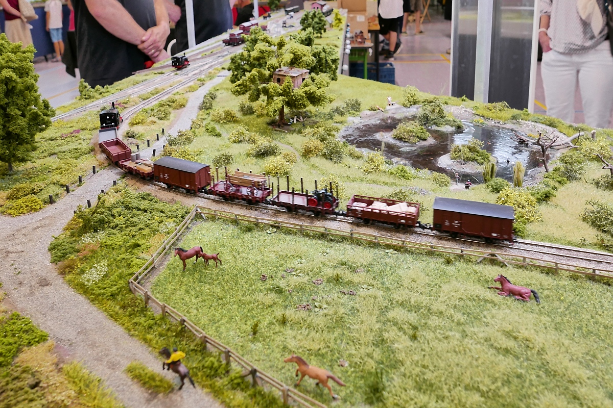 Der kleiner Güterzug erreicht gleich den Bahnhof Kempen auf der Nachbildung der  Geldernschen Kreisbahn  (die nie in Geldern hielt) des  Modellbauteam Rhein-Maas e.V.  auf der  Internationalen Modellbahn- und Modellbau-Ausstellung 2018  in Straelen, 10.6.2018 