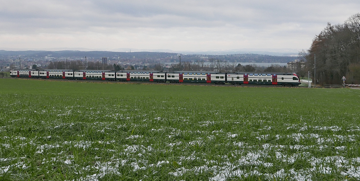 Der in Konstanz gestartete RABe 511-015, am 02.12.2017 als IR 2116 auf der Fahrt nach Zürich, fährt zwischen den Stationen Kreuzlingen-Bernrain und Lengwil den Seerücken hinauf.