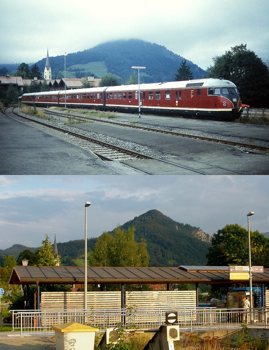 Der Kopfbahnhof Schliersee im Frühjahr 1989 und am 01.09.2008: Oben ist der Museums-VT 08  Stuttgarter Rößle  auf den sonst nicht mehr genutzten Gleisen im östlichen Bahnhofsteil abgestellt, auf dem Gelände der im Hintergrund sichtbaren Häuser befand sich früher ein Lokschuppen. Heute besteht ein neuer, querliegender Zugang zu den Zügen der BOB.