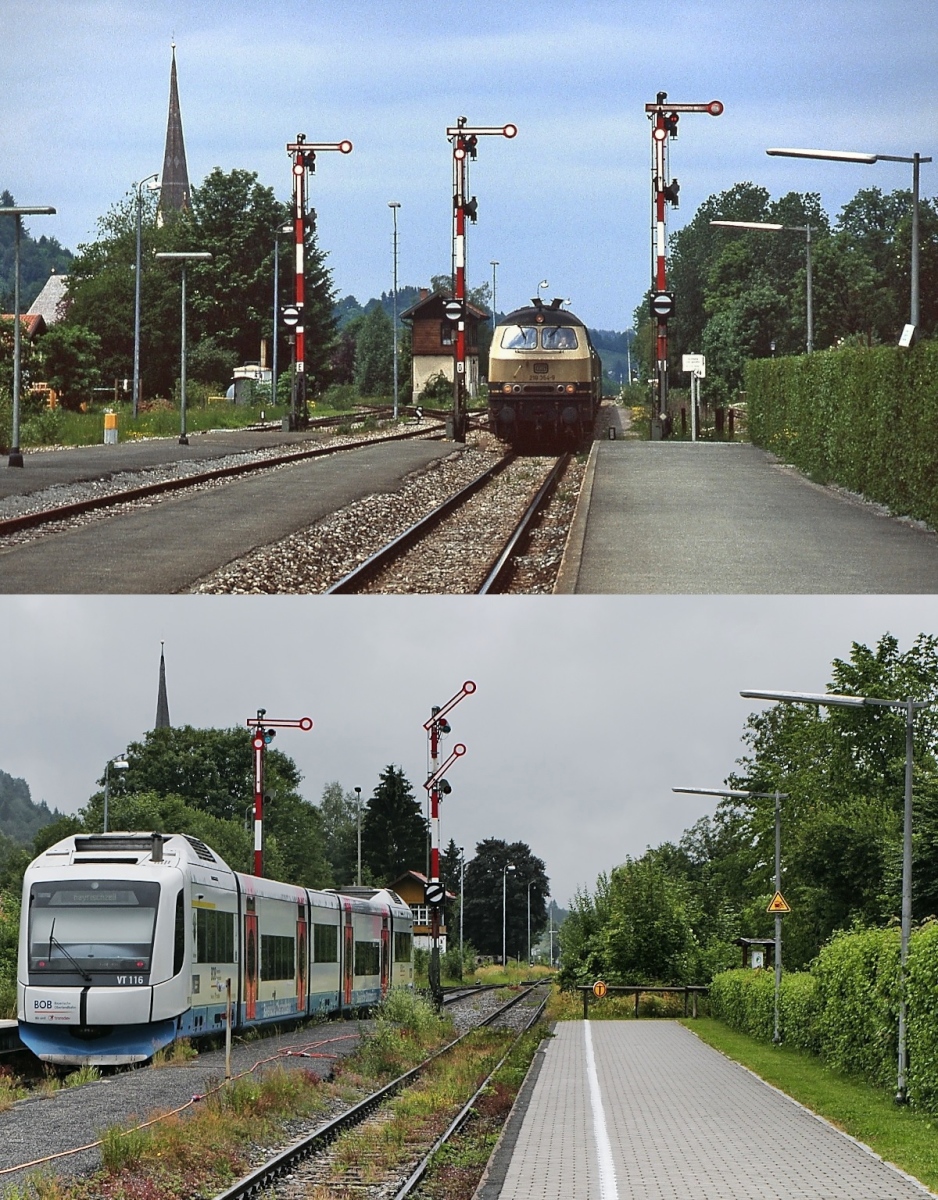 Der Kopfbahnhof Schliersee (KBS 955) im Juni 1991 und am 16.07.2020: Auf dem oberen Bild fährt 218 364-9 aus München kommend ein, darunter verlässt VT 116 den Bahnhof in Richtung bayerische Landeshauptstadt. Zu DB-Zeiten fuhren die aus München kommenden Züge auf Gleis 1 und die Gegenzüge aus Bayrischzell auf Gleis 3 ein, Gleis 2 wurde nicht genutzt. Heute treffen die Züge der Relation Bayrischzell - München auf dem letztgenannten Gleis ein, in der Gegenrichtung verkehren sie auf Gleis 3. Gleis 1 dient nur noch zum Abstellen von Triebwagen, dementsprechend wurde das Ausfahrsignal entfernt.