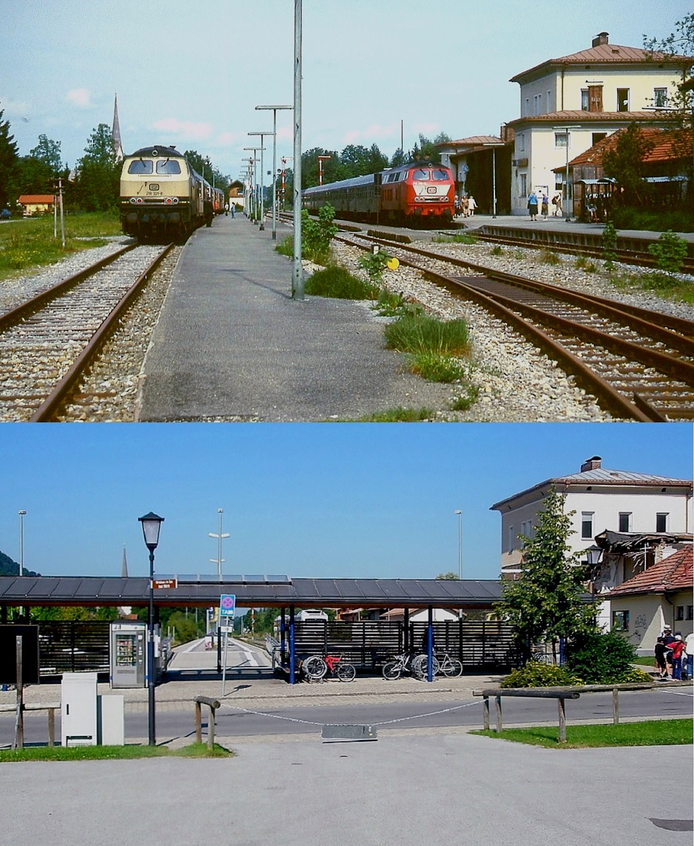 Der Kopfbahnhof Schliersee im Sommer 1994 und am 31.08.2008: Auf dem oberen Bild warten die beige-türkise 218 321-8 und eine schon neurot lackierte Schwesterlok vor ihren Zügen nach Bayrischzell (Gleis 3) bzw. München (Gleis 1) auf die Weiterfahrt. Die Gleisanlagen aus der Dampflokzeit (bis 1967) sind noch teilweise erhalten, obwohl die Wendezüge schon seit langem keine Umsetzgleise mehr benötigen. 14 Jahre später präsentieren sich die Bahnanlagen wesentlich reduziert, die Bahnsteiglänge beträgt nur noch 123 m. Heute halten die Triebwagen der BOB auf den Gleisen 2 (nach Bayrischzell) bzw. 3 (nach München), Gleis 1 dient nur noch zum Abstellen nicht benötigter Zuggarnituren. Bei genauerem Betrachten fällt außerdem noch auf, dass das aus den 1870er Jahren stammende spätklassizistische Bahnhofsgebäude gerade abgerissen wird. Wegen der schlechten Bausubstanz war keine Sanierung möglich. Der gewerblich genutzte Neubau orientiert sich äußerlich weitgehend an dem im Stil einer italienischen Villa errichteten Vorgänger und wird als  Palais am Bahnhof  bezeichnet.