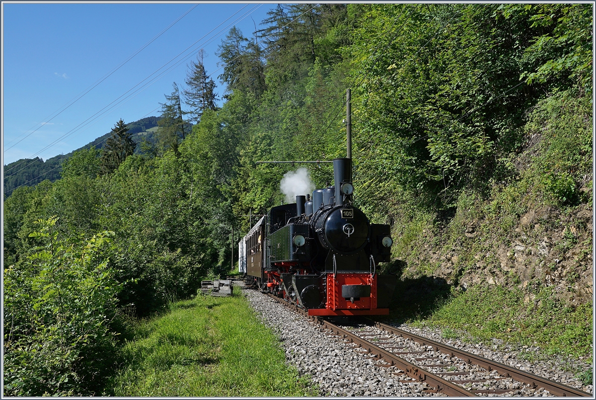 Der letzte Dampfzug des Tages von Blonay nach Chaulin Musée mit der G 2x 2/2 105 erreicht in Kürze Chamby. 

21. Juni 2020