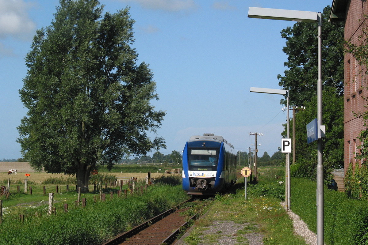 Der LINT-Triebwagen VT 301 der NOB fährt in den Haltepunkt Katharinenheerd ein 🧰 NOB 🚝 St. Peter-Ording - Husum 🚩 Bahnstrecke KBS 135 🕓 15.08.2008 | 9:59 Uhr