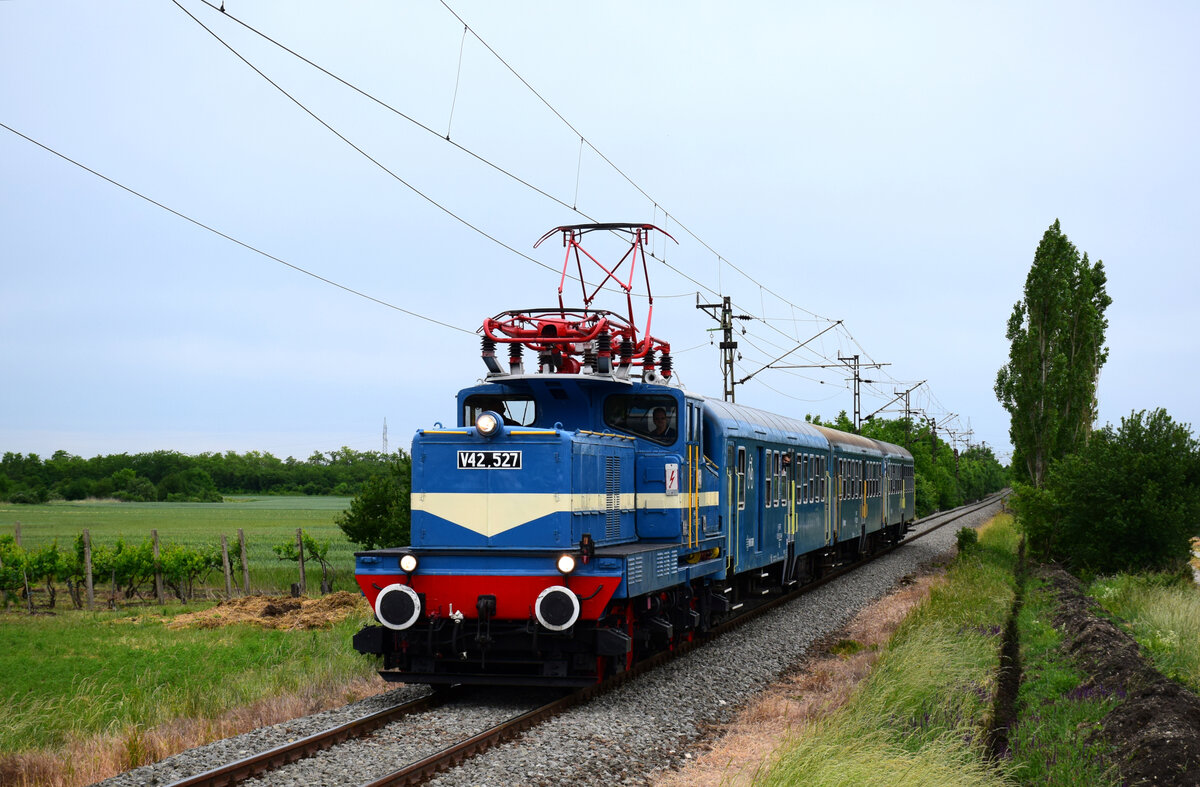 Der Löwe ist wieder im Einsatz vor palnmässige Zug: der Star der Schiene des Retro-Wochenendes. Die V42 527 (System Ward-Leonard) mit dem Zug 5534 kurz vor Bf. Maklár.
29.05.2022.