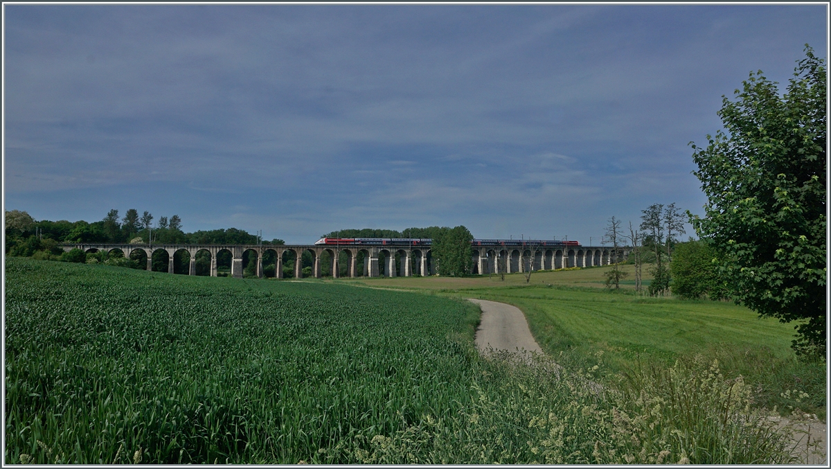 Der Lyria TGV 9203 von Paris nach Zürich überquert kurz nach Dannemarie den 380 Meter langen Viaduc de Ballerdorf. Der Viadukt wurde 1857 gebaut und verband Dannemarie mit Basel.

19. Mai 2022