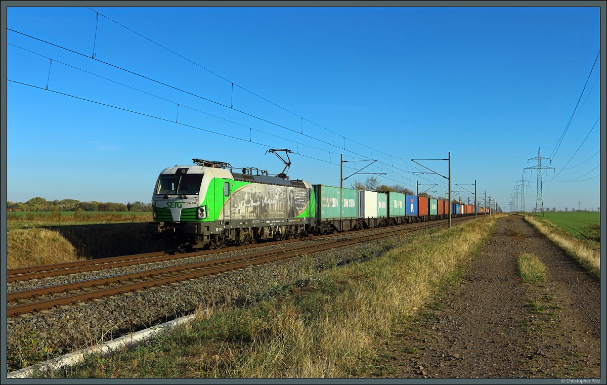 Der Mozart-Vectron 193 204 der SETG rollt mit einem Containerzug nahe Braschwitz Richtung Halle. (31.10.2018)