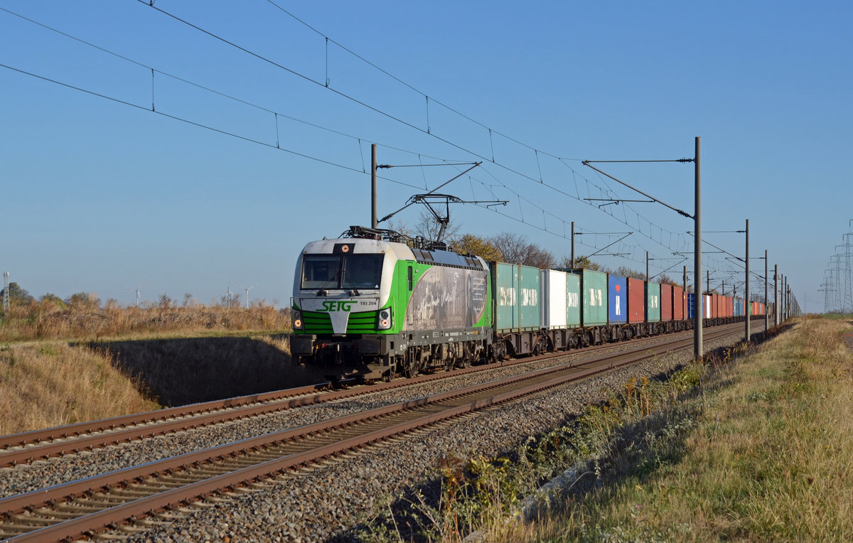 Der Mozart-Vectron der SETG, 193 204, führte am 31.10.18 einen Containerzug durch Braschwitz Richtung Halle(S).