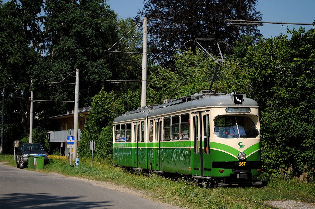 Der Museumstriebwagen 267 rollt bei hochsommerlicher Hitze gemächlich in der Stenggstraße der Haltestelle Mariagrün entgegen. (05.07.2015 )