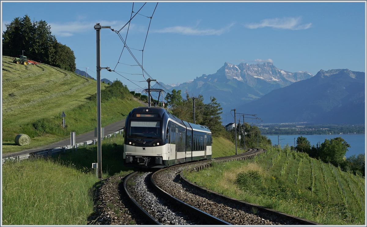 Der MVR ABeh 2/6 7507 ist zwischen Châtelard VD und Planchamp als Regionalzug 2364 nach Sonzier unterwegs. Während unterhalb der Trasse Wein wächst, wird oberhalb Heu verarbeitet.

8. Juli 2020