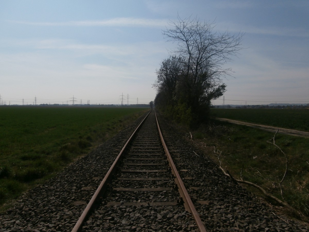Der nächste Bahnübergang und weiter kein Lebenszeichen eines Zuges.
Blick in Richtung Umspannwerk Brauweiler. Dieses Bild wurde von einem öffendlich zugänglichen Bahnübergang aus gemacht.
Pulheim 29.03.2014
