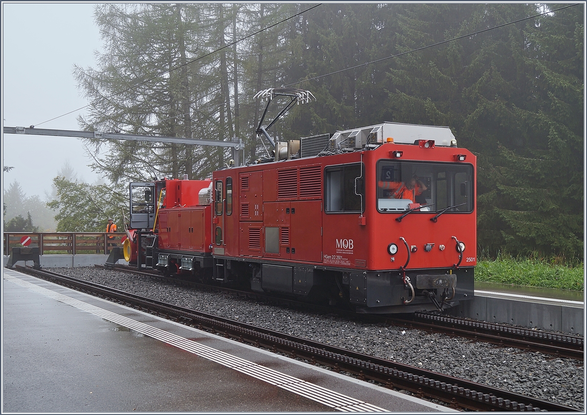 Der nächste Winter kommt bestimmt; die MOB HGem 2/2 2501 (vormals MVR HGem 2/2) mit eine Schneefräse auf Testfahrt beim Halt auf Les Pleiades. 

2. Okt. 2019