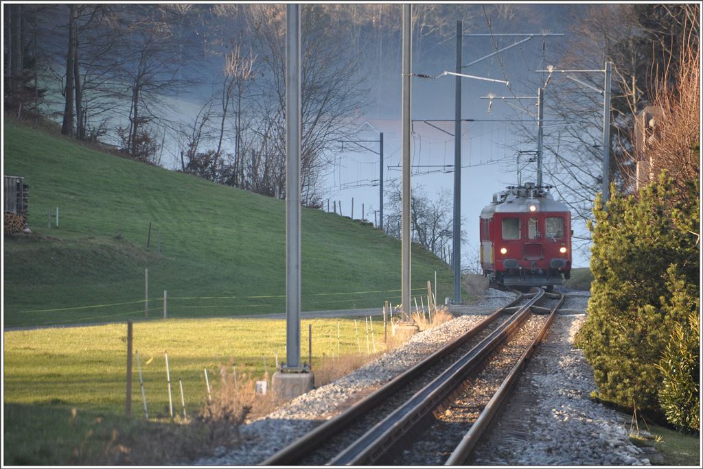 Der Nebel über dem Bodensee reicht oft bis knapp unter Heiden und gelegentlich auch drüber. ABDeh 2/4 24 taucht aus der  Suppe  auf etwas unterhalb von Heiden. (14.12.2015)
