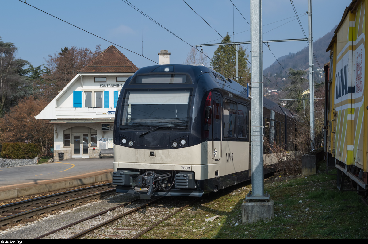 Der neue ABeh 2/6 7503 steht am 12. März 2016 in Fontanivent abgestellt.