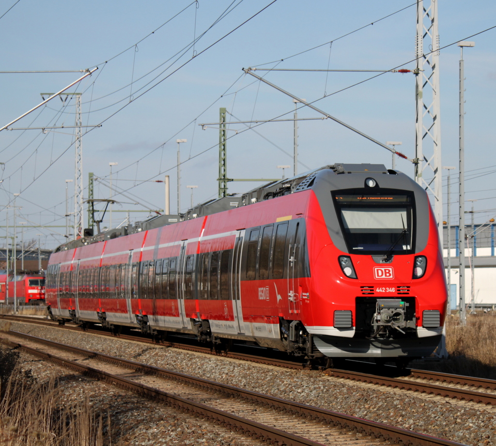 Der neue Ostsee-Hamster 442 346-3 als S3 von G�strow nach Warnem�nde bei der Einfahrt im Rostocker Hbf.23.02.2014 