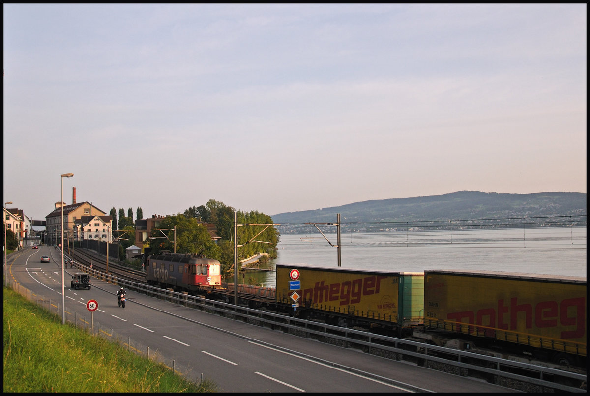 Der Nothegger-Zug, welcher aus Wels (Österreich) über die Walensee-Linie nach Dietikon und retour geht, verkehrte seit 2015 fast zwei Jahre lang als Zug mit Lademassüberschreitung. Dies führte viele betriebliche Einschränkungen mit sich, wobei der Zug auf mehreren Streckenabschnitten und Bahnhöfen nur ein bestimmtes Gleis mit massiv reduzierter Geschwindigkeit benutzen durfte. Als Beispiel sei der Bahnhof Wädenswil erwähnt, in welchem nur Gleis 1 (normalerweise SOB) und Gleis 4 (Überholgleis) befahren werden durften. Seit einigen Monaten sind diese Einschränkungen jedoch teilweise verschwunden. Am 30.08.2017 fährt frühmorgens die Re 620 058-8 (11658) mit dem Nothegger-Zug soeben an der Ortstafel Wädenswil vorüber. 