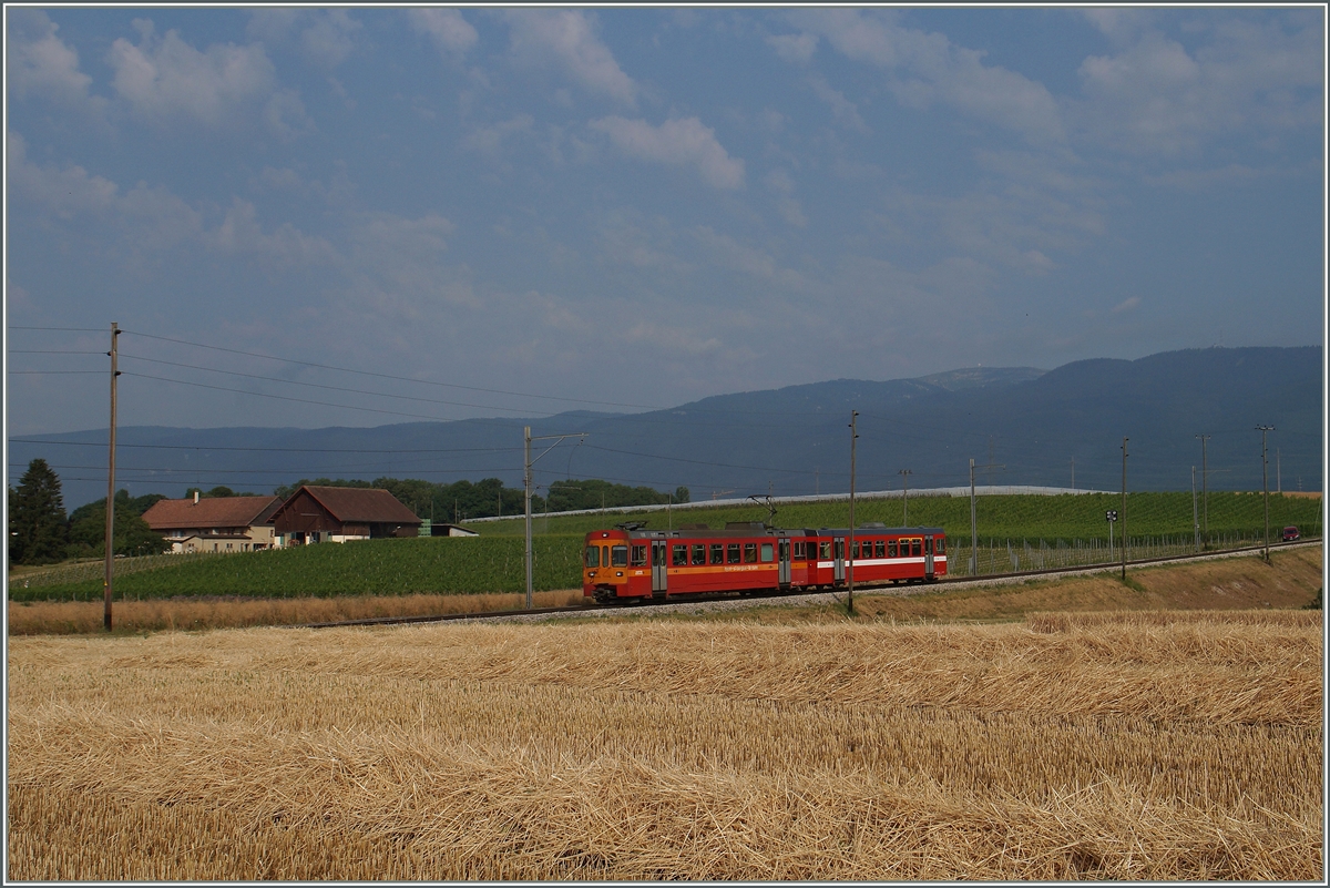 Der NStCM Regionalzug 215 zwischen La Vuarpillière und Les Plantaz.  
6. Juli 2015
