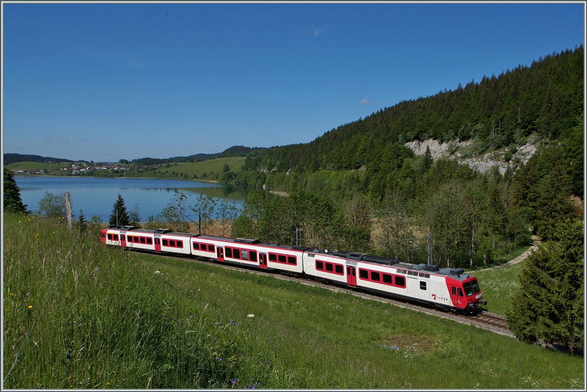 Der nun dreiteilige Travys Domiono auf der Fahrt als Regionalzug 6016 hat für dies Bild zwischen dem Hang und den Bäumen nur noch ganz knapp Platz. 
3. Juni 2015