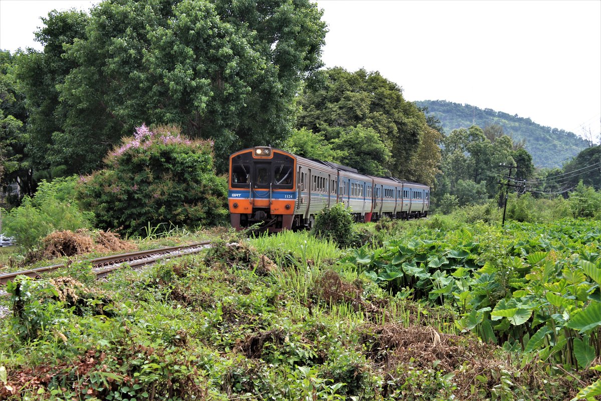 Der nur am Wochenende verkehrender Excursion-Train trifft in Kürze im Bahnhof Saphan Kwai Yai bei Kanchanaburi ein. Sie haltet ca. 30 Minuten im eingleisigem Bahnhof für eine Besichtigung zur Brücke am Kwai. 
Im Bild die SRT THN 1124 als Excursion Train 909 Bangkok-Nam Tok am 6. August 2017