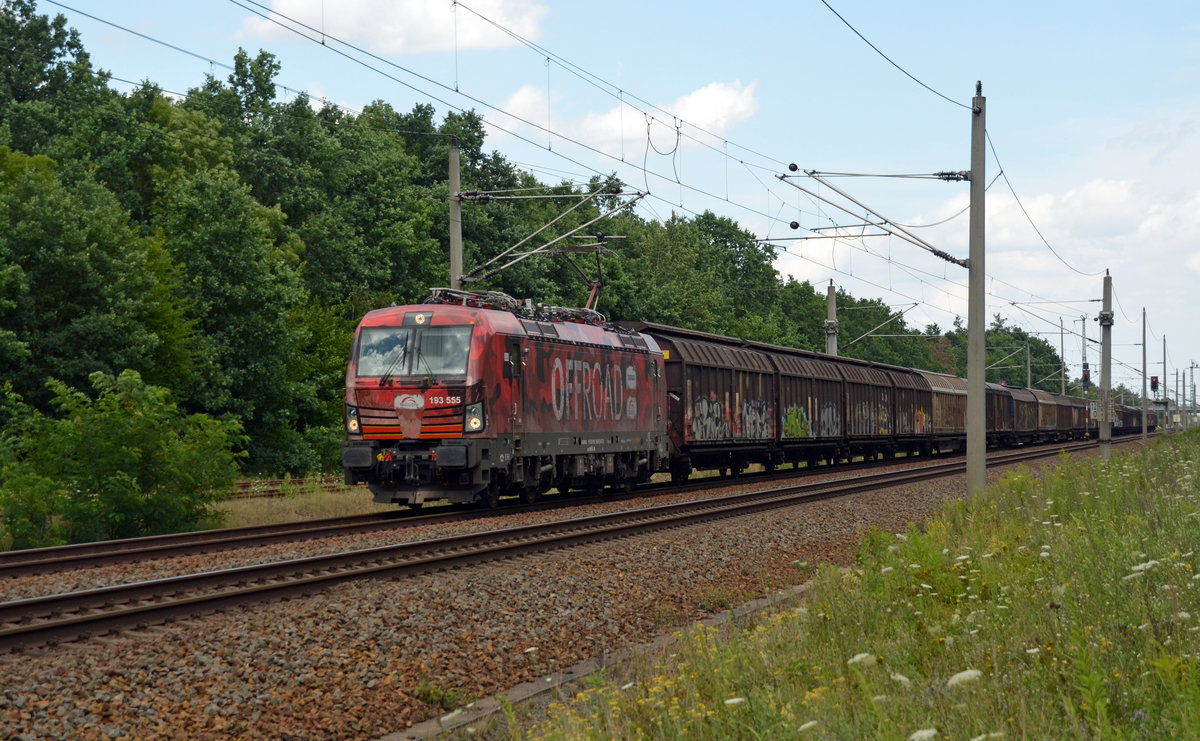 Der Offroad-Vectron der TX 193 555 bespannte am 30.07.17 den leeren Papierzug von Rostock nach Italien. Auf dem Weg Richtung Halle(S) passiert der Zug Burgkemnitz.