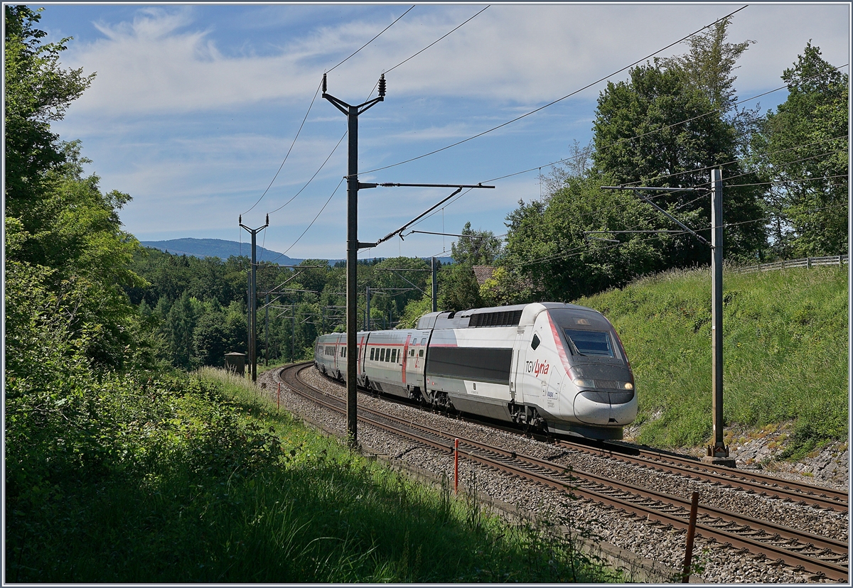 Der von Paris kommende TGV Lyria 9269 mit dem Triebzug (Rame) 4404 kurz vor Bussigny und damit kurz vor seinem Ziel Lausanne. 

8. Juni 2019 