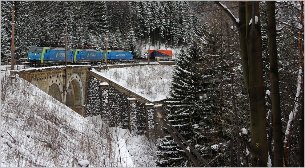 Der  PKP Zug  unterwegs auf der winterlichen Semmeringbahn, kurz vor der Einfahrt in den Kartnerkogel Tunnel. 28.1.14