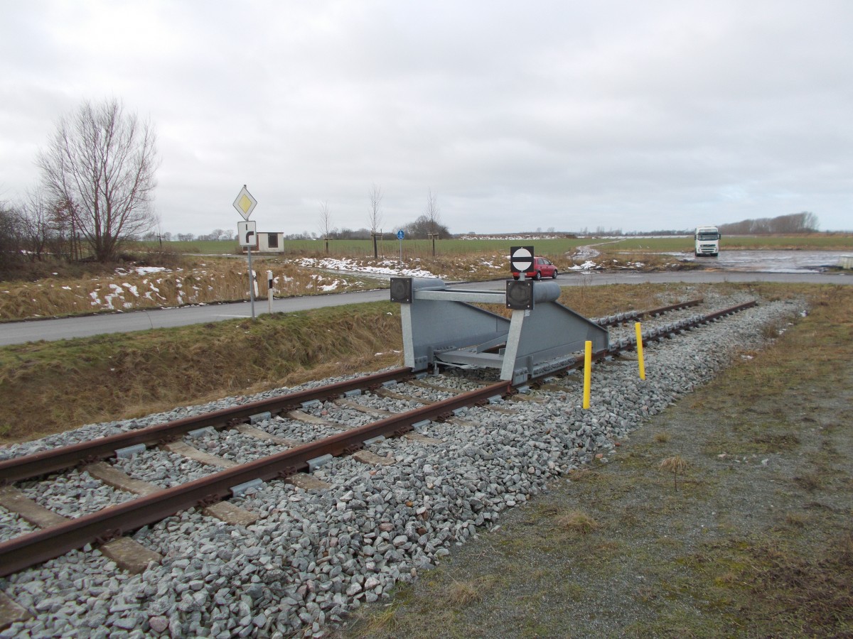 Der Prellbock am Streckenende von der Ladestelle Vierow(bei Greifswald)am 09.Februar 2015.