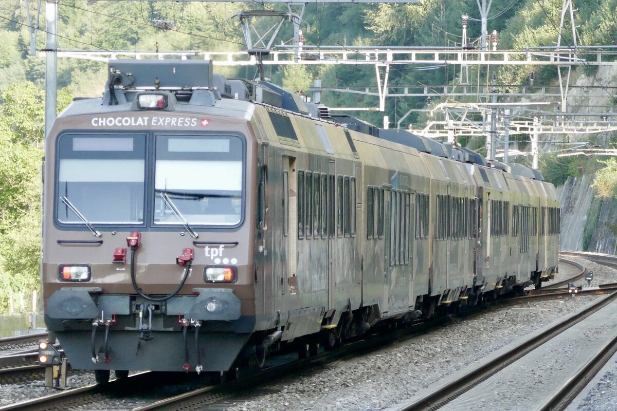 Der RBDe 560 245 und RBDe 560 235  ChocolatExpress  der TPF unterwegs als RE2 nach Bern am 15.9.23 nach der Durchfahrt in Flamatt.