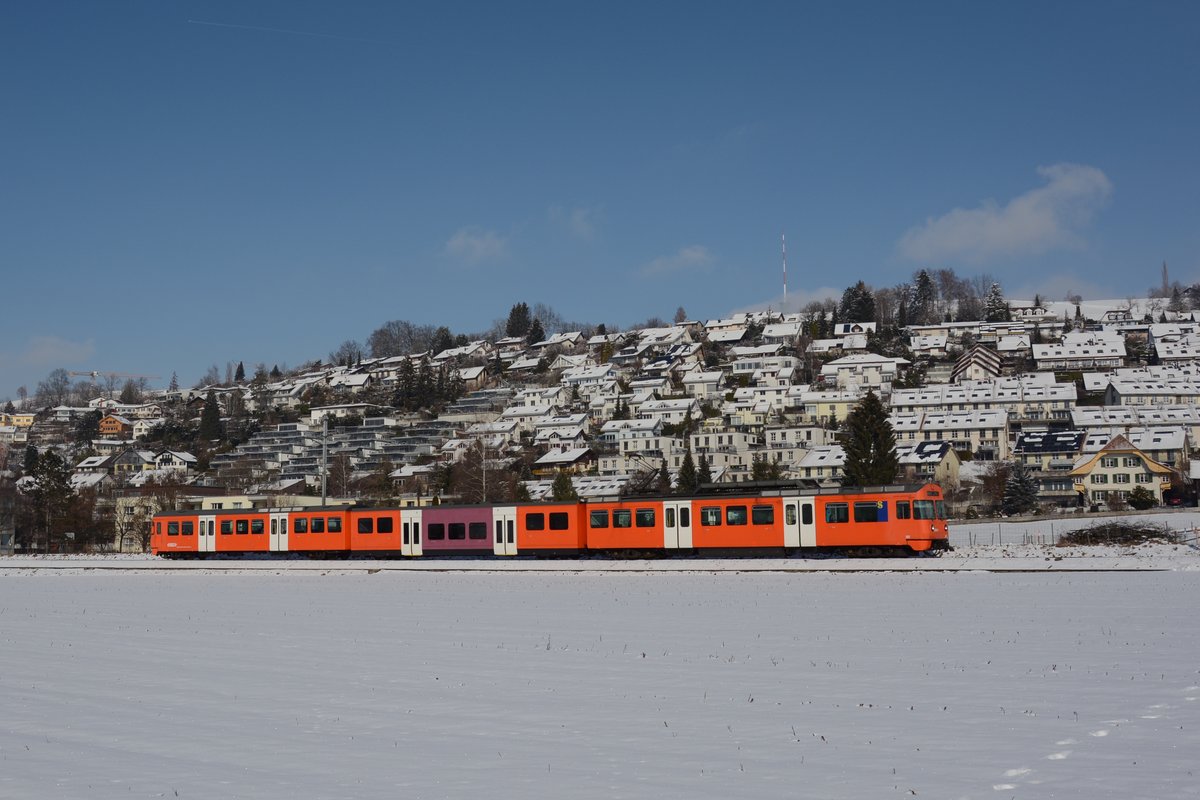 Der RBS-Be 4/12 50 am 4. Februar 2019 als S7 im frisch verschneiten Worblental zwischen Stettlen und Boll-Utzigen.