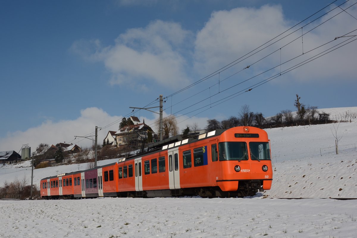 Der RBS-Be 4/12 50 am 4. Februar 2019 als S7 im frisch verschneiten Worblental zwischen Vechigen und Worbboden.