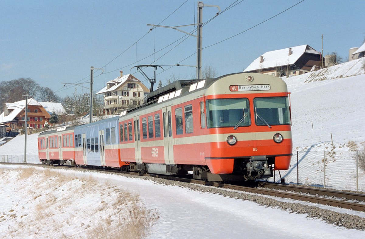 Der RBS-Be 4/12 55 am 1. Februar 2003 im Einsatz auf der damaligen Linie S7 zwischen Vechigen und Worb Dorf.