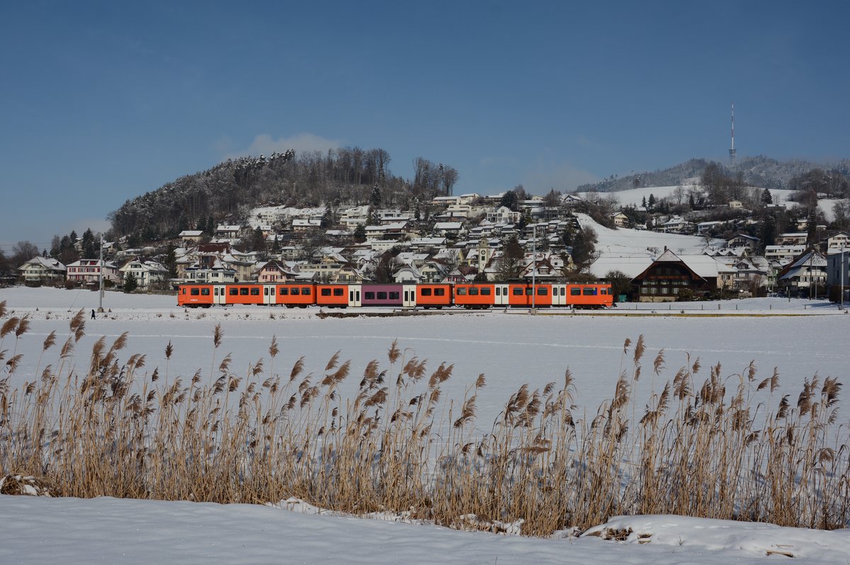 Der RBS-Be 4/12 59 am 4. Februar 2019 als S7 im frisch verschneiten Worblental bei Stettlen.