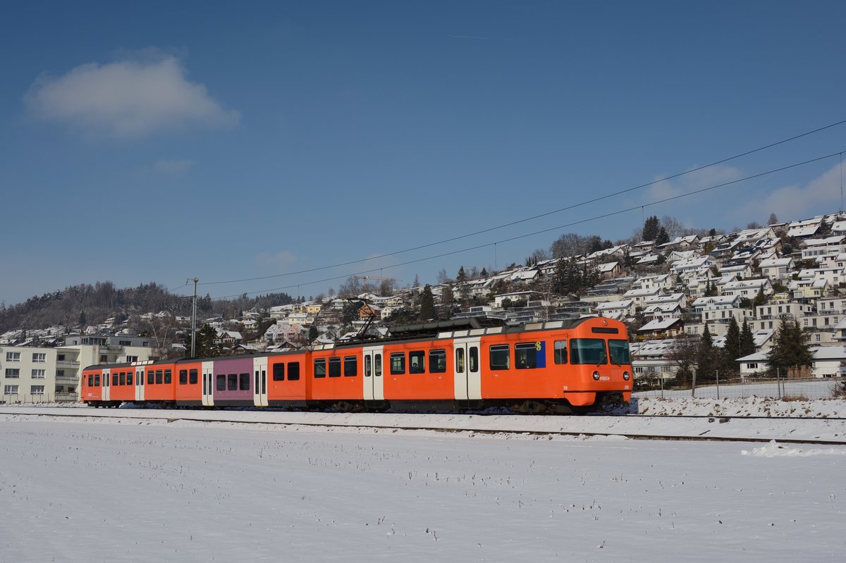 Der RBS-Be 4/12 59 am 4. Februar 2019 als S7 im frisch verschneiten Worblental zwischen Stettlen und Boll-Utzigen.
