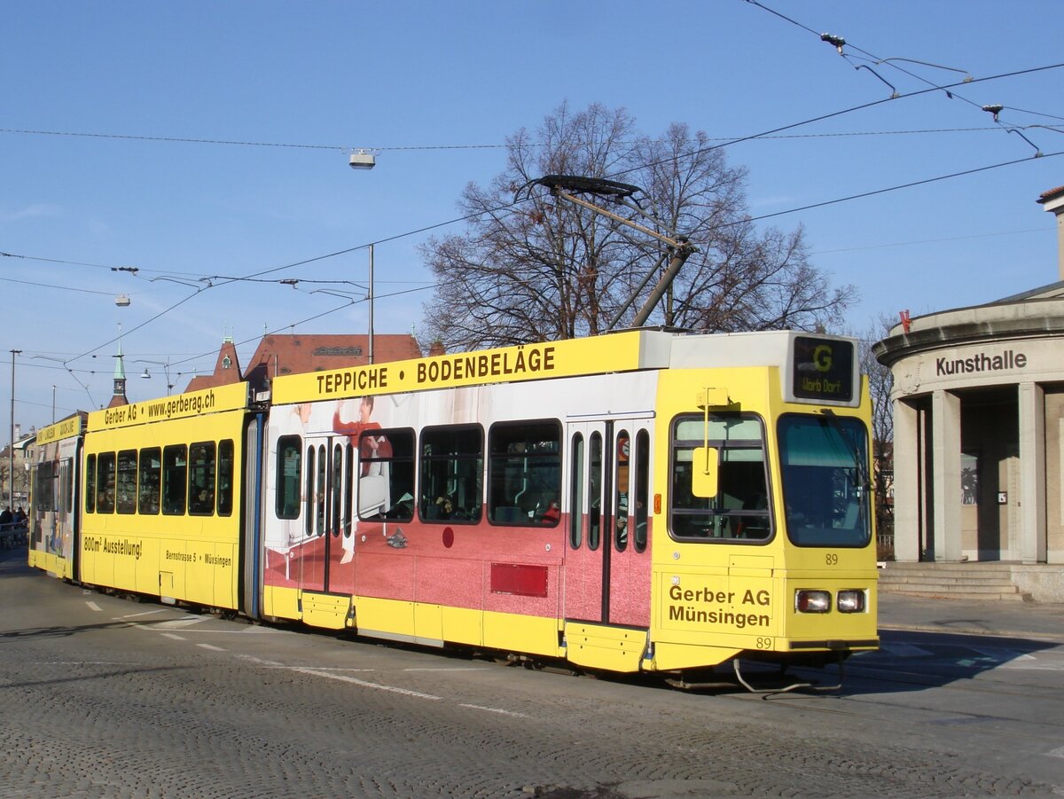 Der RBS-Be 4/8 89 mit Werbung für die  Gerber AG, Münsingen  am 17. November 2007 auf der Linie G (Bern Zytglogge-Gümligen-Worb Dorf) beim Helvetiaplatz in Bern.
