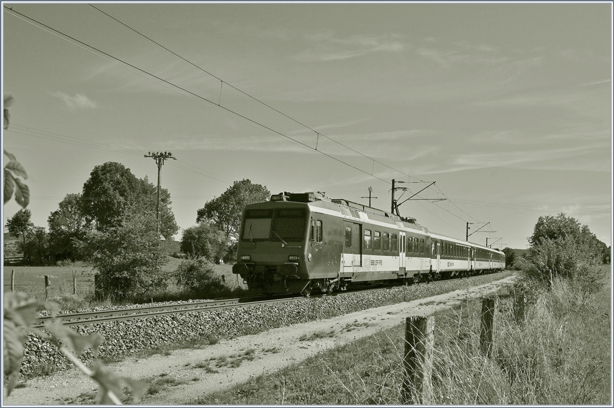 Der RE 18123 bestehend aus Bt (NPZ), B (EWI), B (EW I), AB EWI) und dem schiebenden RBDe 562 auf dem Weg nach Neuchâtel zwischen La Rivière-Drugeon und Ste-Colombe.

21. August 2019