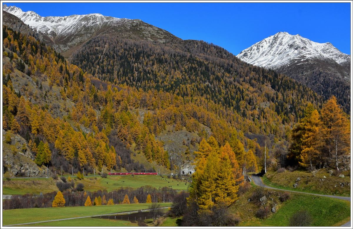 Der RE1335 mit der Ge 4/4 II 630  Trun  nach St.Moritz hat soeben den  Seitenausgang  des Vereinatunnels verlassen und mündet kurz vor Susch in die Engadinerlinie. (31.10.2017)