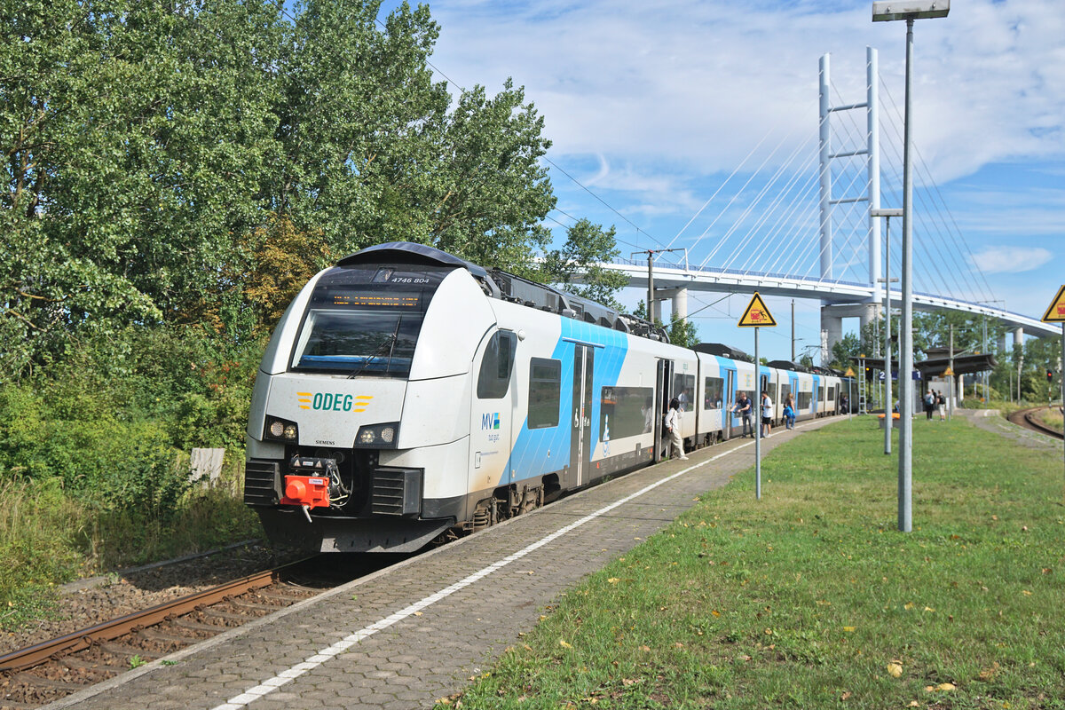 Der RE9 der ODEG nach Stralsund Hbf beim Zwischenhalt im Bahnhof Stralsund-Rügendamm.
Aufgenommen im August 2022.