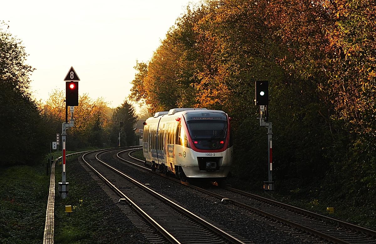 Der Regiobahn-VT 1002 fährt am 05.11.2020 in Kaarst in den Sonnenuntergang