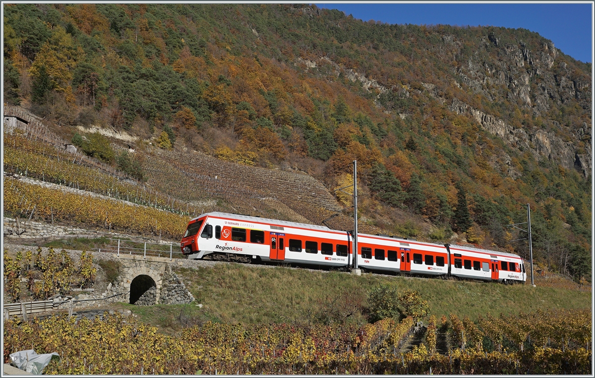 Der Region Alpes TMR RABe 525 038  NINA  ist als Regionalzug 26121 von Le Châble nach Martigny in den recht hoch gelegenen Rebbergen bei Bovernier unterwegs. 

6. Nov. 2020