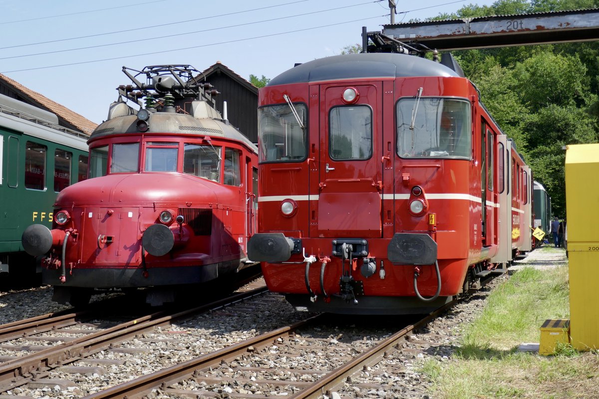 Der Rote Pfeil der OeBB mit dem BDe 4/4 ex SZU am 1.8.17 vor dem Depot Koblenz.