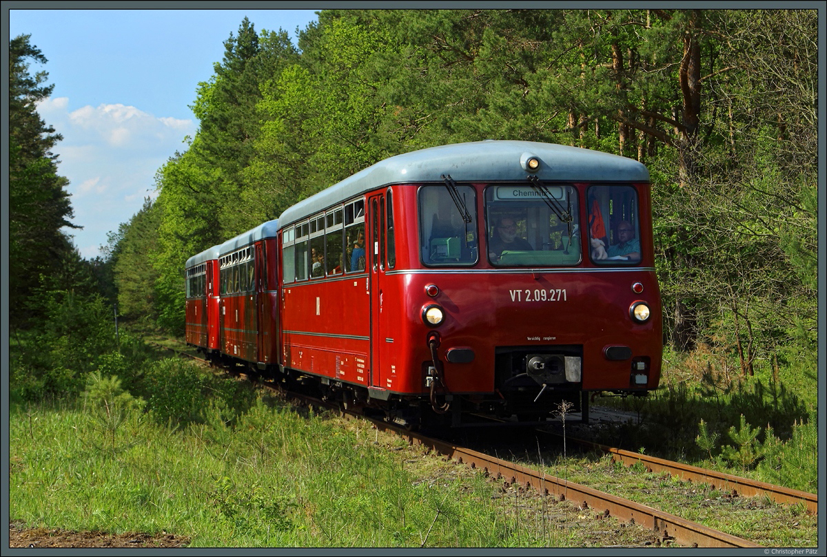Der Rückweg von VT 2.09.271 führt noch einmal über die nur selten befahrene Strecke Oranienbaum - Jüdenberg - Burgkemnitz. Nahe der Müchauer Mühle rollt der Sonderzug nach Chemnitz durch den Wald. (18.05.2019)