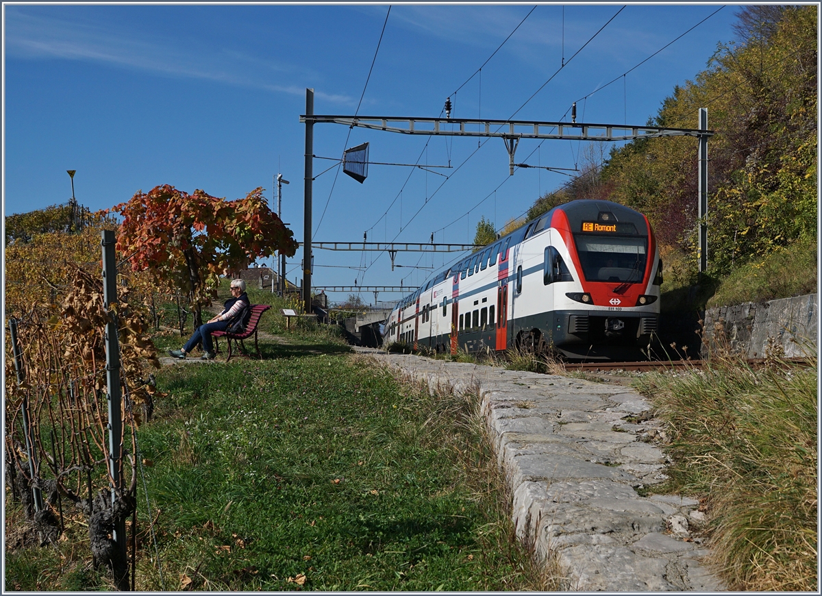Der SBB RABe 511 103 ist zwischen Bossière und Grandvaux auf dem Weg nach Romont. 

26. Oktober 2017