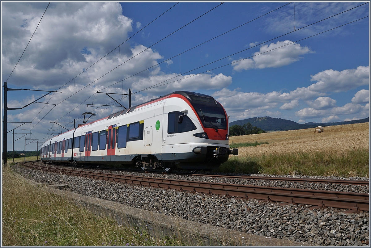 Der SBB RABe 523 021  La Veveyse  als S2 12237 von Vallorbe nach Villeneuve in der Sommerlandschaft bei Arnex.

14. Juli 2020