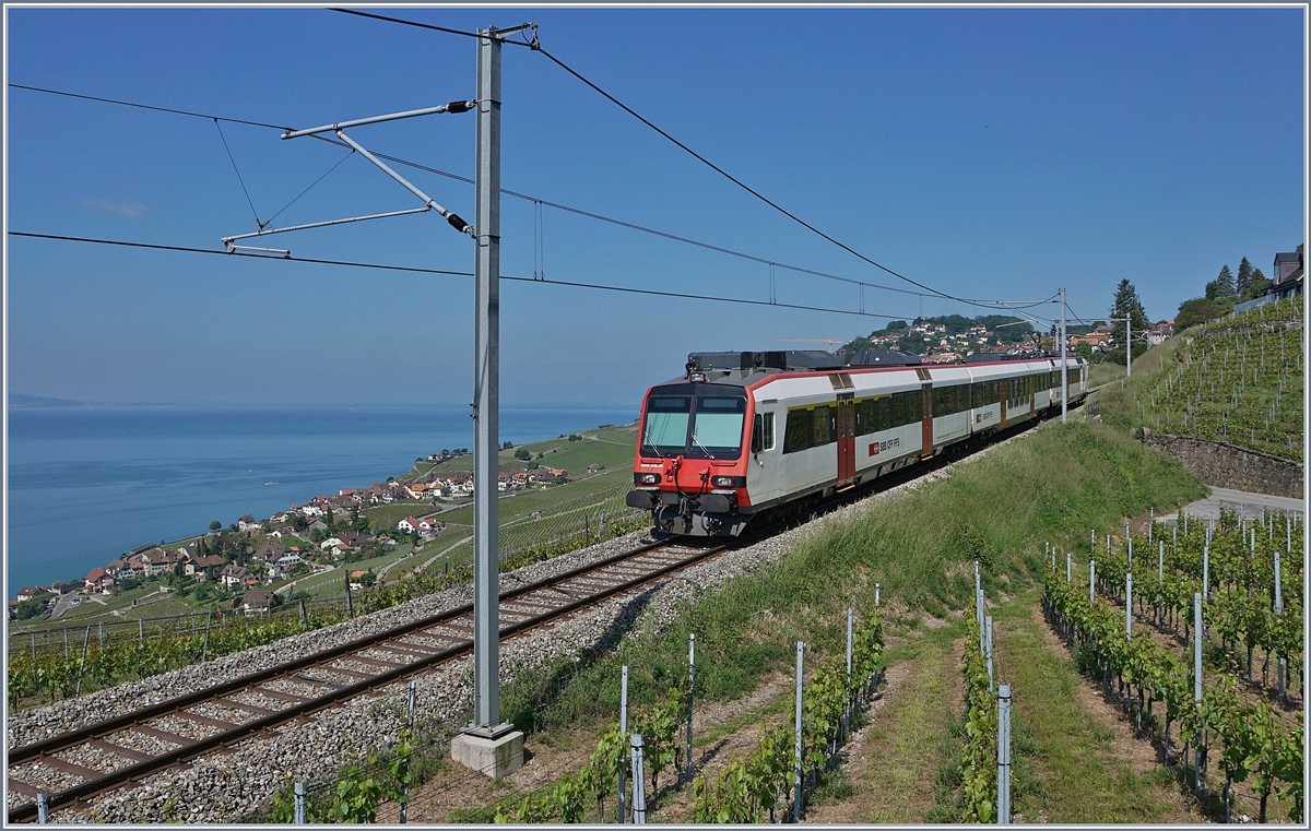 Der SBB RBDe 560 218-4 Domino Pendelzug ist als S7 24736 von Vevey nach Puidoux oberhalb von Rivaz unterwegs und wird in Kürze Chexbres erreichen. 

17. Mai 2020