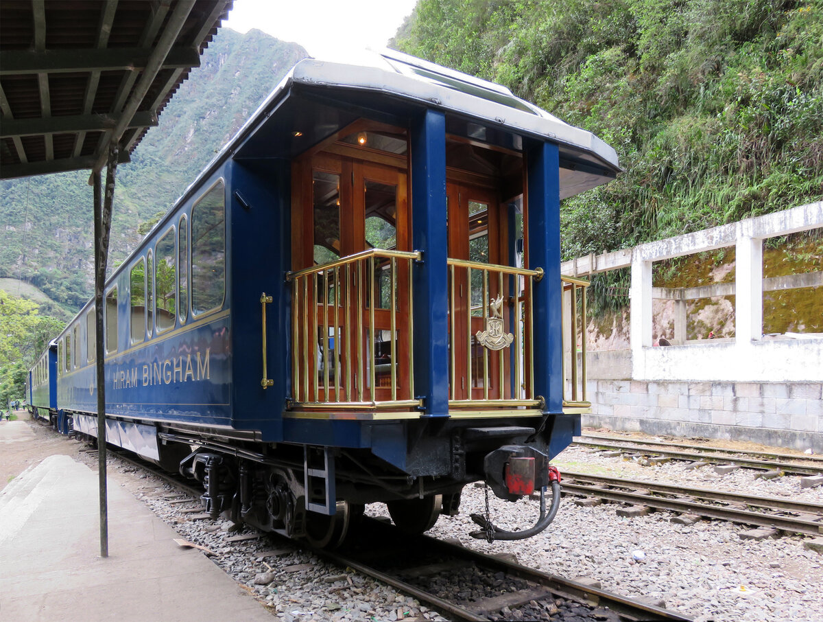 Der Schlusswagen des Luxuszuges 'Hiram Bingham'. Aguas Calientes, 15.7.2015