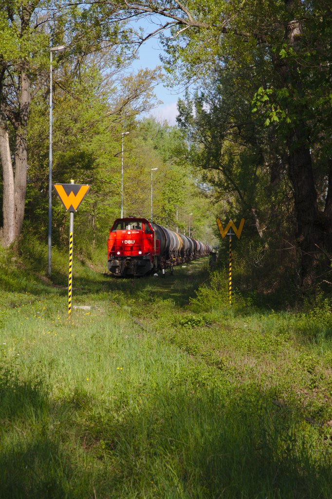 Der selbe Güterzug wie in Bild 776432, jedoch aus etwas anderer Perspektive. Der Ortswechsel ist möglich, da die Züge im Schneckentempo unterwegs sind. (11.04.2014)