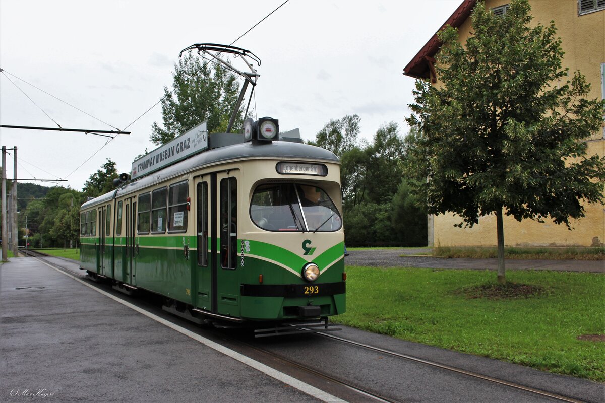 Der von SGP 1967 gebaute E1 4706 der Wiener Linien kam 2007 gemeinsam mit zwei weiteren nach Graz zur GVB und fuhr hier bis 2012 als 293.
2018 wurde der Wagen vom Tramwaymuseum Mariatrost übernommen und ist seither immer wieder für Sonderfahrten unterwegs so wie am 6.8.2023 als Sommerbim hier in der Schleife Mariatrost.