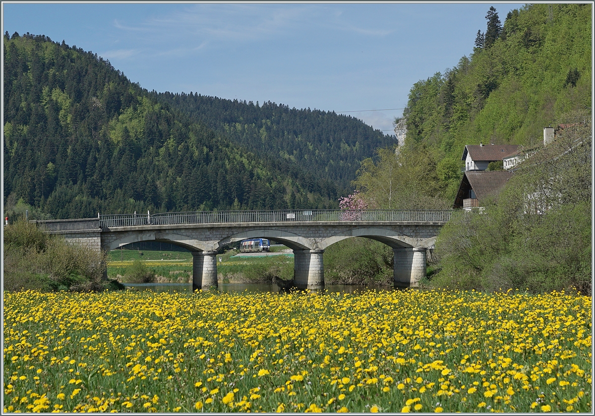 Der SNCF Dieseltriebwagen X 76713/714 ist als TER 18109 auf der Fahrt von Besançon Viotte nach La Chaux-de-Fonds und erreicht den kleinen Weiler Pont de la Roche. Die Strecke beginnt in Besançon, welches am Doubs liegt, auf 218 müM führt quer durchs Land, erreicht kurz nach Gilly den noch jungen Doubs und in Le Locle mit 946 müM den Kulminationspunkt. 

10. Mai 2022