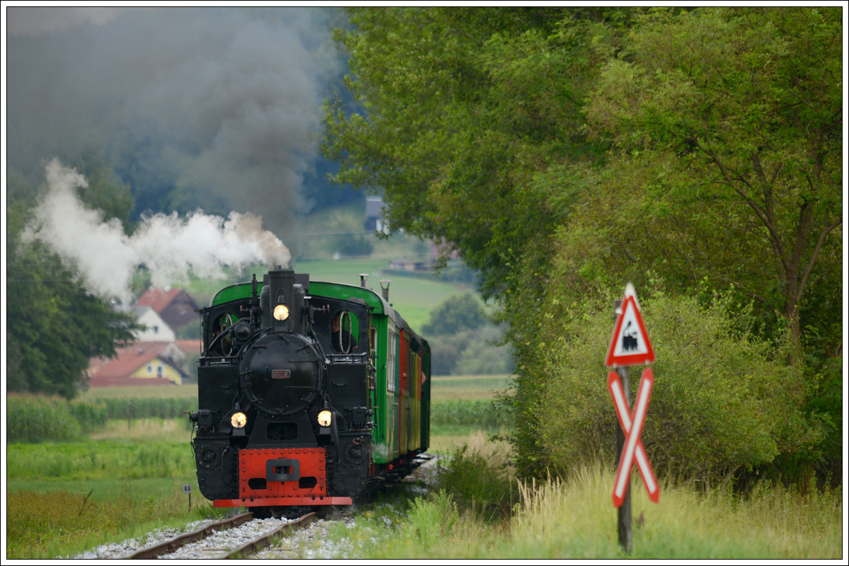 Der Stainzer Flascherlzug am 19.7.2017 kurz nach Kraubath.