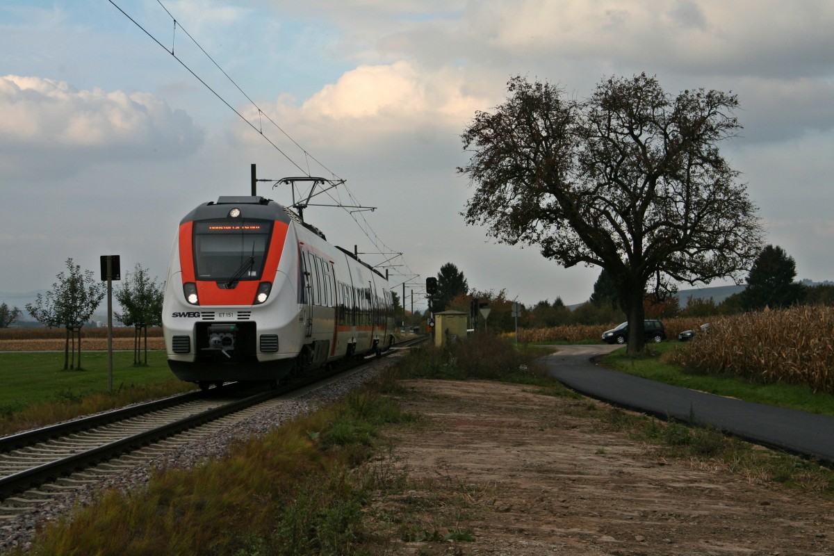 Der SWEG-ET 151 war am 21.10.15 als SWE/DPN 72531 von Bad Krozingen nach Münstertal (Schwarzwald) kurz vor Staufen anzutreffen.