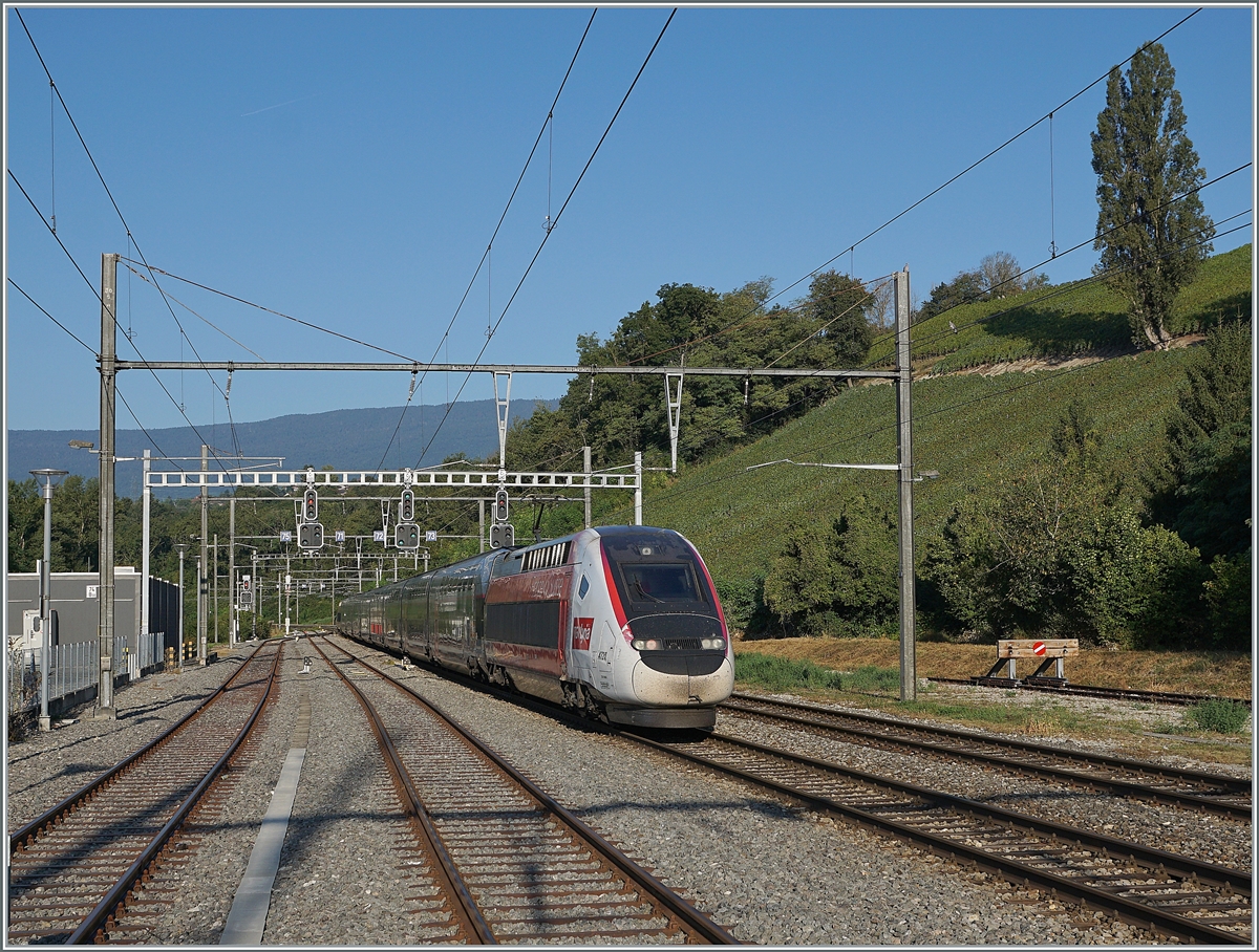 Der TGV Lyria 4727 auf dem Weg nach Paris Gare de Lyon fährt in La Plaine beim  Ausfahrtsignal vorbei und wird in Kürze die Grenze zu Frankreich passieren. 

6. Sept. 2021